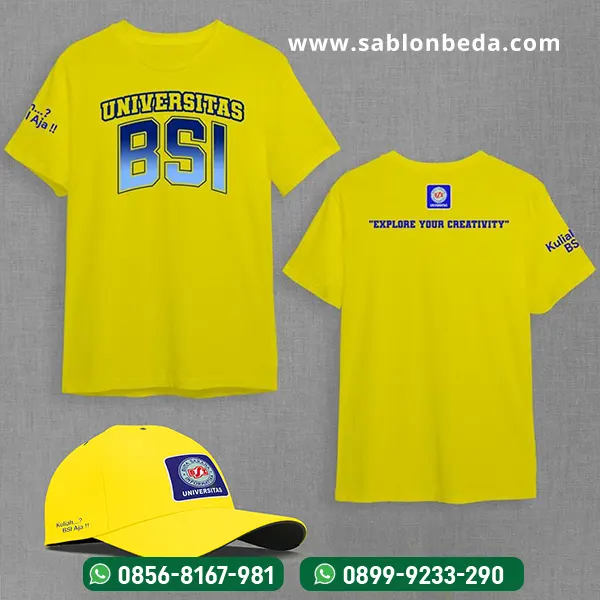 Jual kaos ormik BSI UBSI September 2023 kuning pendek Topi